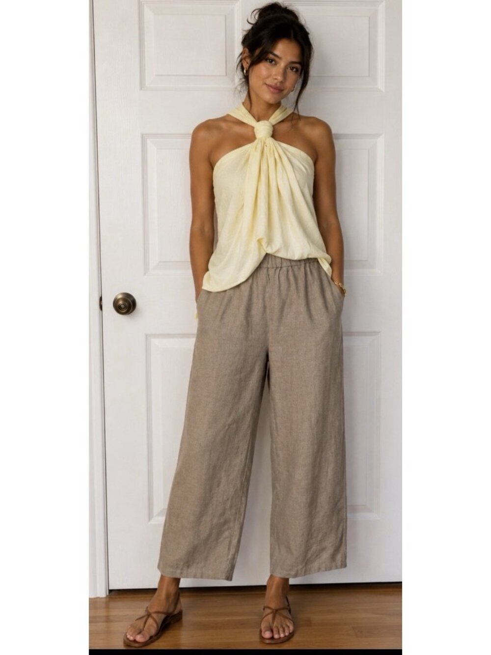 Eileen Fisher Natural Tan Wide Leg Pants XS Stretch Linen Lagenlook NEW $228